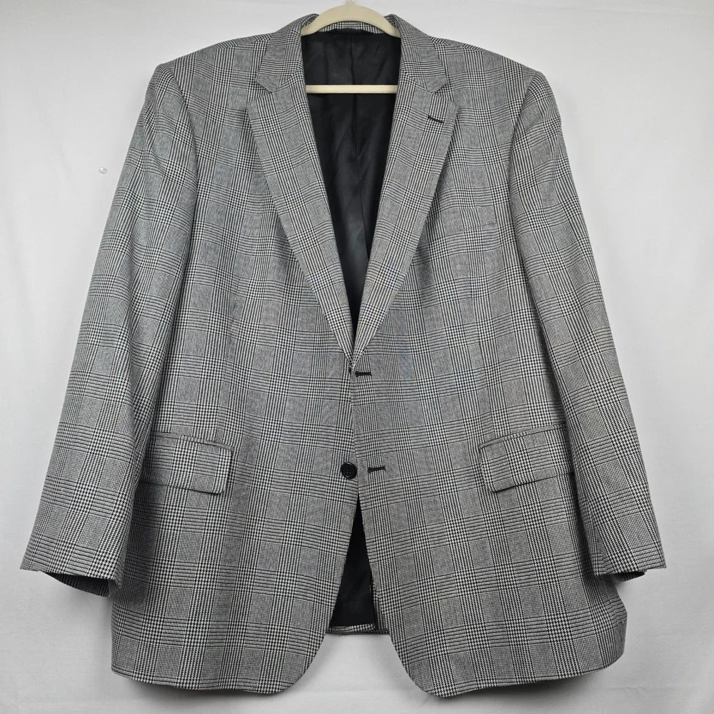 Jos A Bank Mens 48R Silk‎ Wool Blend Glen Plaid Blazer Sport Coat Black White